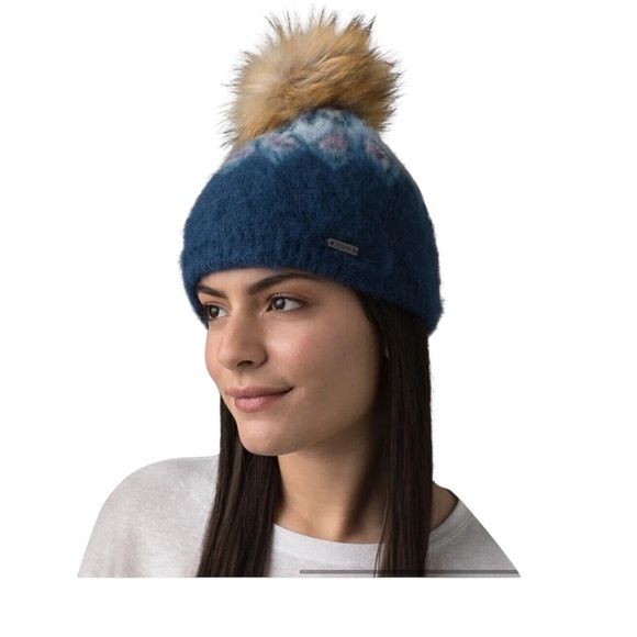 Prana Blue and White Knit Hat with Faux Fur Pom - Picture 2 of 8